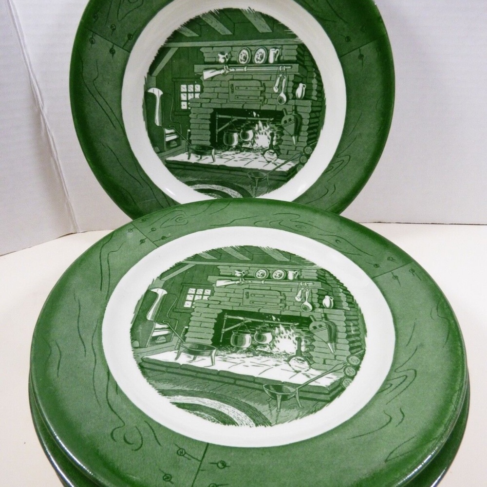 Vintage by Royal China Colonial Homestead green set of 6 dinner plates 10"